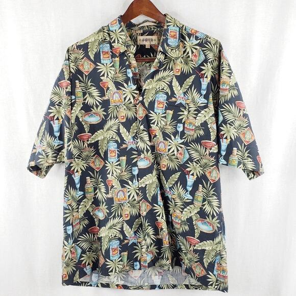 Campia Moda Hawaiian Shirt Men's L  Tropical Drinks Palms Beer Black Green EUC - Picture 2 of 6